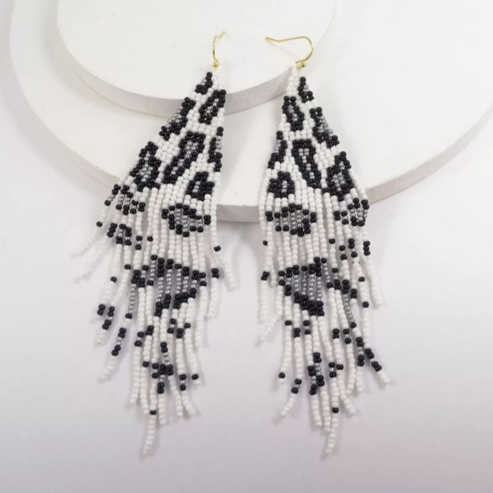 Gold titanium hooks hand beaded leopard cheetah boho Fringe dangle earrings new